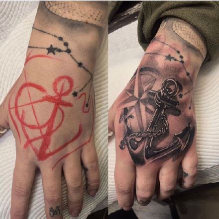 一组纹身勾线和成品的对比效果图片