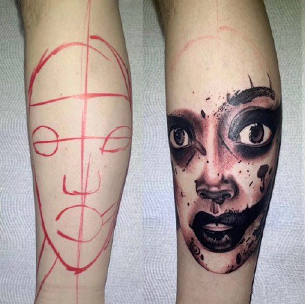 一组纹身勾线和成品的对比效果图片