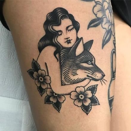 女郎和动物搭配的一组oldschool纹身图片