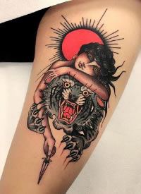 女郎和动物搭配的一组oldschool纹身图片