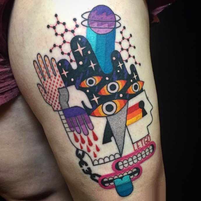 创意的一组手臂彩色插画纹身作品