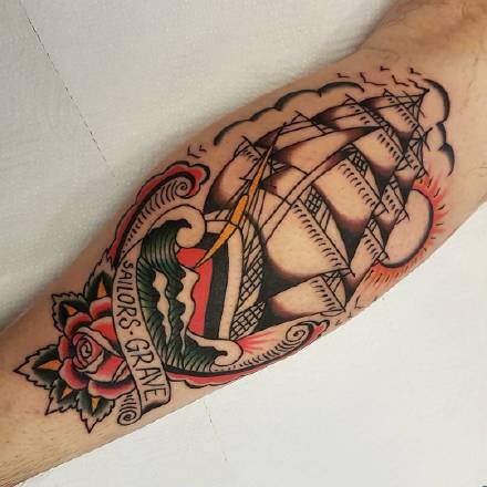 帆船纹身 oldschool风格的9款帆船题材纹身图片