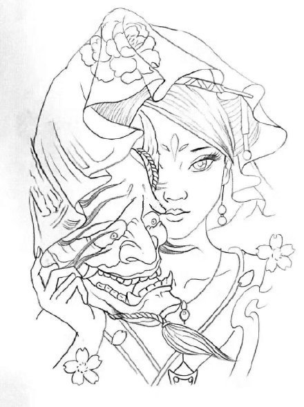 艺伎等古代女子的纹身线稿手稿图片赏析(9/10)