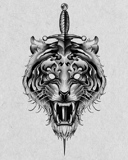 34款各风格的老虎虎头纹身手稿素材图片(18/34)