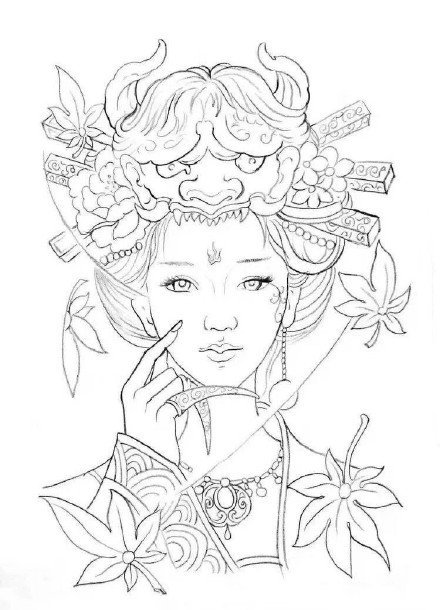 日式艺伎的9款纹身线稿手稿图片(9/9)