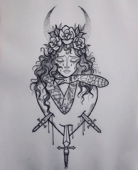 33款女郎主题的纹身线稿手稿图片(29/33)