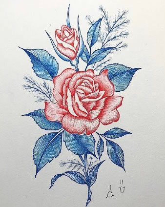 红蓝色创意的一组花朵纹身图案