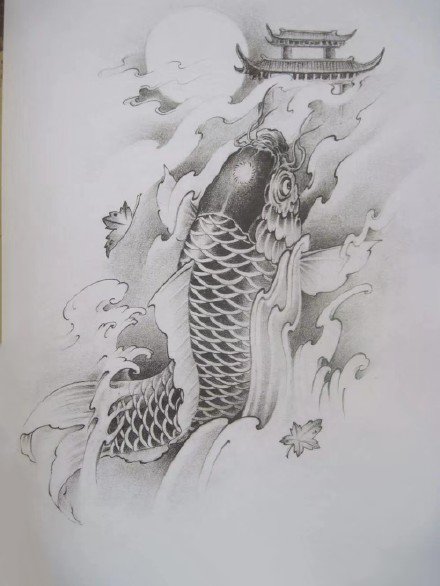 鲤鱼跃龙门主题的9款纹身手稿赏析(9/9)