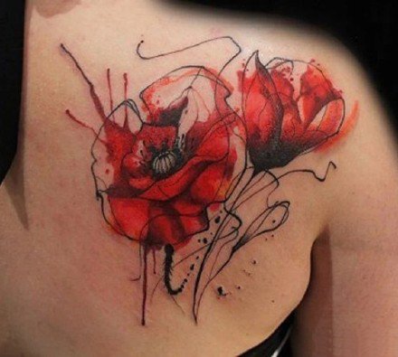 艳丽大红色9款罂粟花纹身图案
