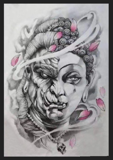 佛魔善恶纹身 11款一念成佛,一念成魔的半佛像半恶魔纹身手稿(10/11)