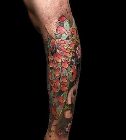 一组小腿欧美写实彩色纹身图案