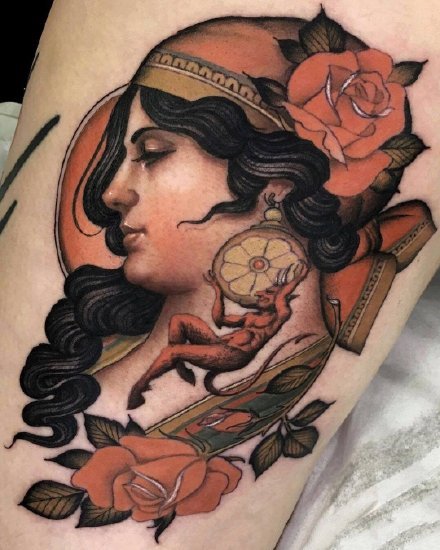 一组油画感oldschool彩色纹身图案