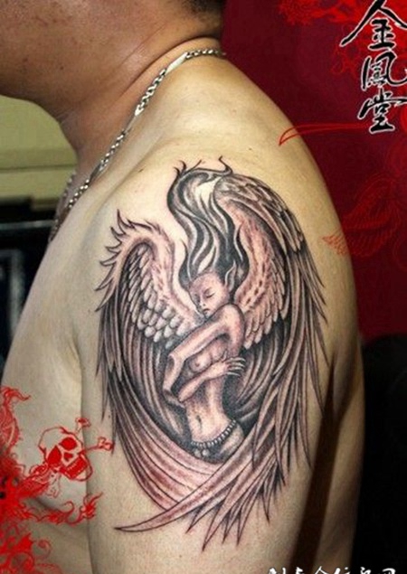 猛男手臂唯美半裸天使纹身图案
