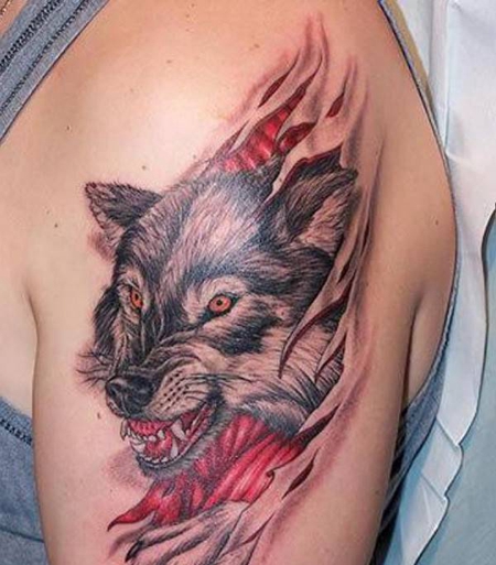 狼头手臂纹身 经典男生图腾纹身