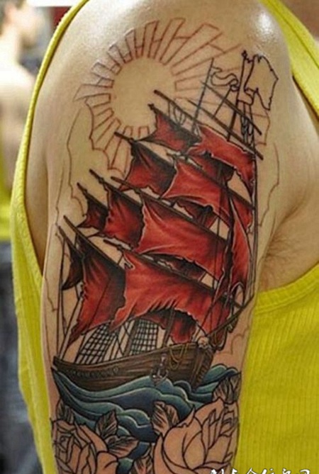 胳膊帆船彩绘纹身图案