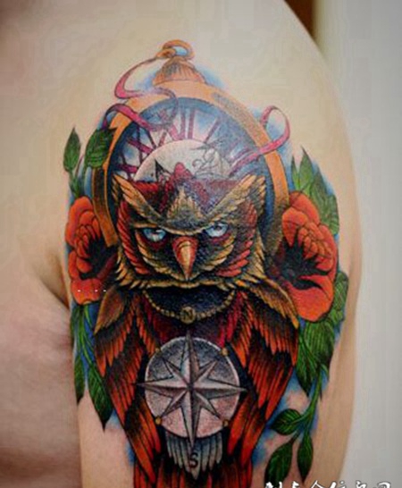 school猫头鹰手臂纹身图案