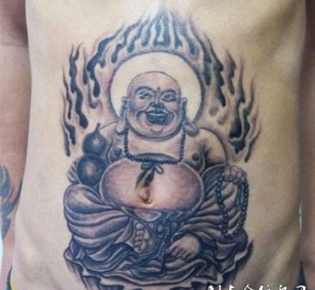 男生腹部经典弥勒佛纹身图案