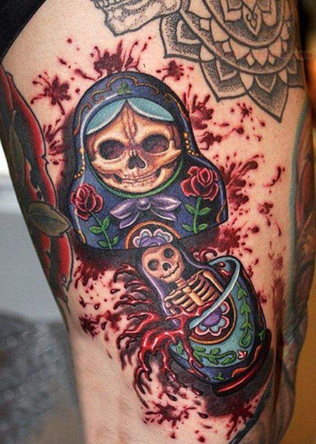 大腿骷髅套娃纹身图片