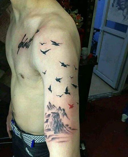 男生大臂海鸥纹身图片