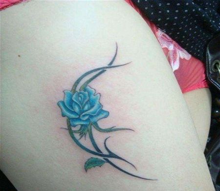 大腿性感蓝色妖姬纹身图片