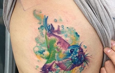 侧腰彩色海豹纹身图片