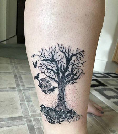 小腿南瓜蝙蝠和树纹身图片