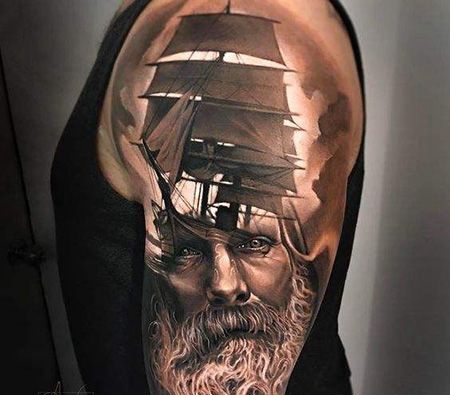 大臂波塞冬帆船纹身图案