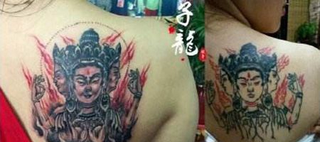 肩部遮盖四面佛纹身图片