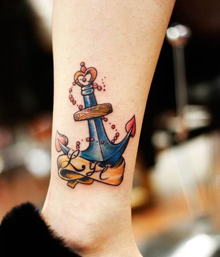 女生脚踝船锚纹身图案
