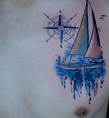 男士胸前遮盖帆船纹身图案