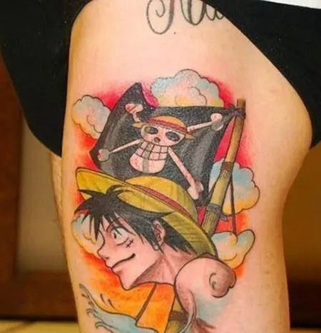 大腿路飞海盗旗纹身图案