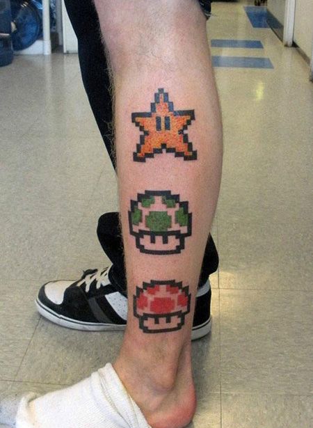小腿马里奥蘑菇星星纹身图案