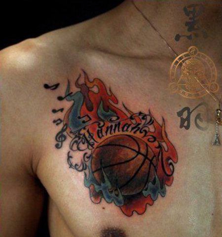 胸前燃烧的篮球纹身图案