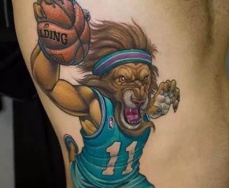 侧腰狮子篮球纹身图案