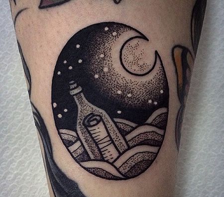 小腿创意漂流瓶月亮纹身图片
