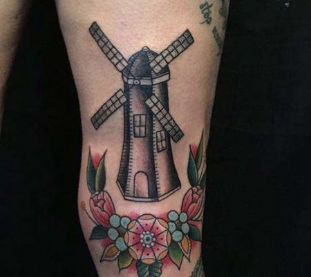 大腿荷兰风车纹身图片