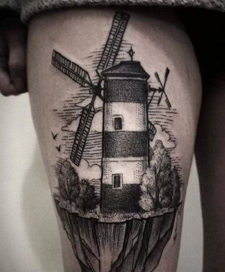 大腿好看的风车纹身图案