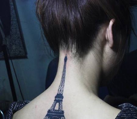 颈部埃菲尔铁塔纹身图案