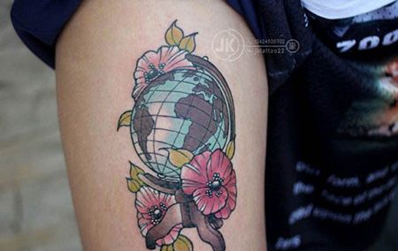 大腿地球仪纹身图案