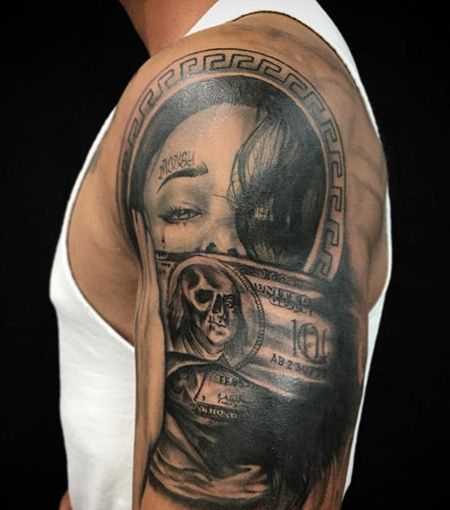 大臂个性纸币纹身图案