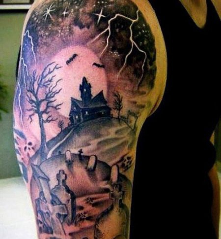 大臂好看的教堂纹身图案