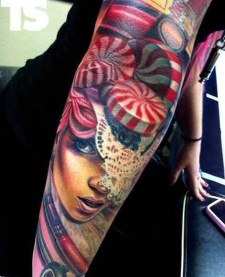 花臂女生棒棒糖纹身图案