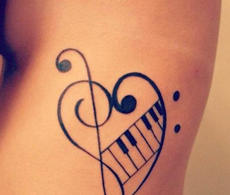 侧腰爱心钢琴纹身图案