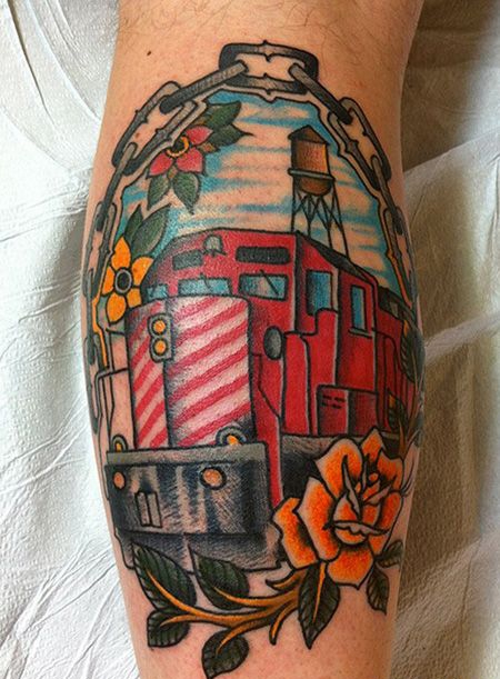 小腿红色火车头纹身图案