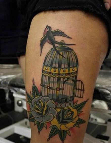 大腿燕子鸟笼纹身图案