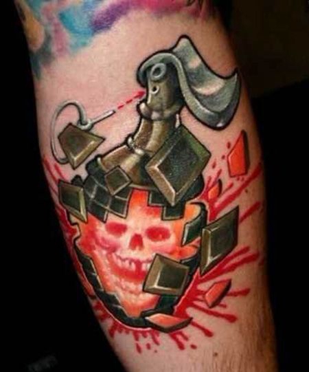 小腿爆炸的手雷纹身图案
