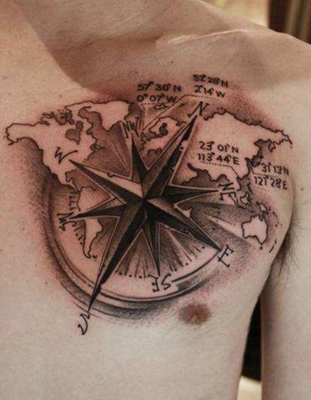 胸前世界地图指南针纹身图案