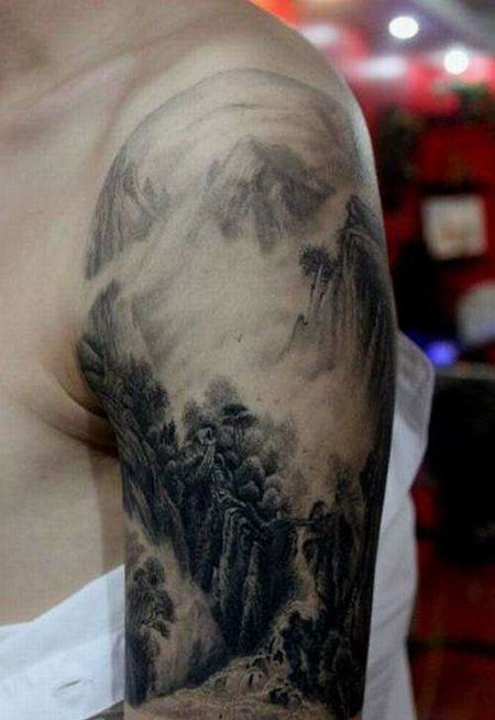 大臂山水风景纹身图案