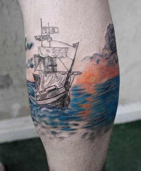 小腿海上日出纹身图案