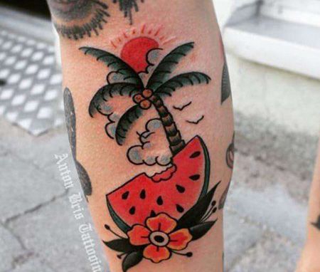 小腿oldschool西瓜纹身图案